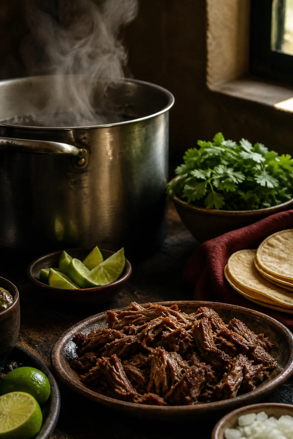 Generic concept image of a steaming pot, tortillas, lime, cilantro, and prepared barbacoa